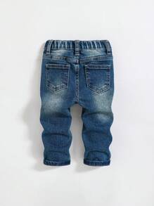 SHEIN 男婴复古做旧酷炫破洞红黑格子拼接高弹力紧身蓝色牛仔裤，休闲百搭，适合男婴室内/室外秋冬装 - 彩色 - 查看 2