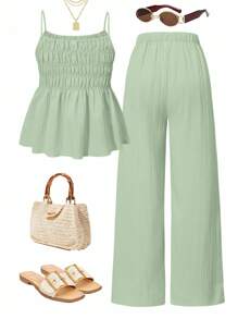 Sparklyn 2 件套青少年女孩吊带背心上衣和直筒阔腿裤套装，休闲夏季服装 - 綠色 - 查看 2