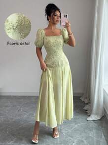 Elenzga Women's Fashion Elegant Romantic Square Collar Patchwork Embroidered Dress - Green - View 1
