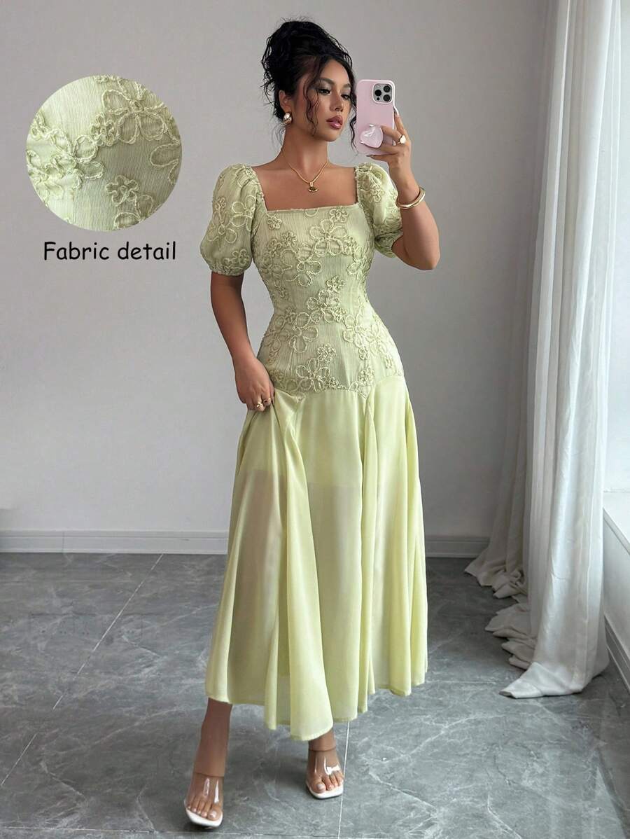 Elenzga Women's Fashion Elegant Romantic Square Collar Patchwork Embroidered Dress - Green - View 1