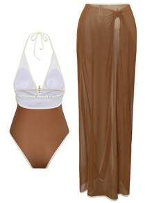 Swim SXY Set da 2 pezzi nuovo costume da bagno intero estivo multicolore con spalline annodate, schiena scoperta, per festa e spiaggia, con kimono lungo e gonna sarong, set da spiaggia per donna