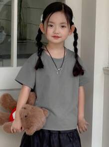 Dazy Kids 小女孩圆领短袖针织T恤，夏季，返校 - 灰色 - 查看 7