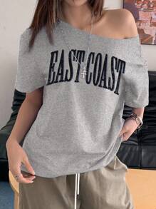 INAWLY Tee-shirt décontracté à manches courtes et épaules dénudées avec motif imprimé de lettres pour femmes