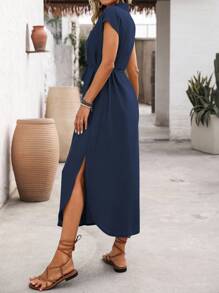 Wandoria Robe longue maxi à manches évasées, col chemise, boutons devant, poche poitrine gauche, ceinture à nœud papillon à la taille, ourlet asymétrique avec fente latérale, style casual pour vacances et bureau, printemps/été - Bleu marine - Voir 2