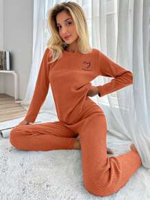 EURMUSE 100%Cotton Letter Embroidery Ribbed Knit Lounge Set - Redwood - View 5