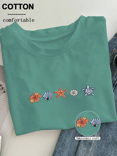 INAWLY Felpa girocollo ricamata a conchiglia, felpa semplice da spiaggia, felpa con cappuccio stile nautico estivo, maglietta da amante dell'oceano costiero, maglietta stile surf come regalo per vacanze, maglietta girocollo da donna con ricamo