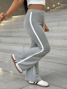 SHEIN Tween Girls Grey Contrast Trim Knitted Flared Leggings, Comfortable Casual Fashion Streetwear Flare Leggings Flared Sweatpants Flare Pants Bell Bottom Pants Wide Leg Leggings - Grey - View 3