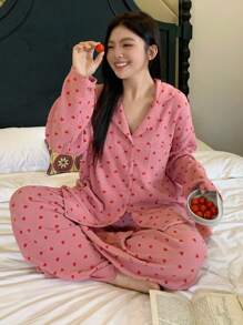 Dazy Plus Plus Size Heart Print Turndown Collar Loose Top & Pants Pajama Set, Home Wear, Fall Winter Clothes Valentine's Day - Watermelon Pink - View 5