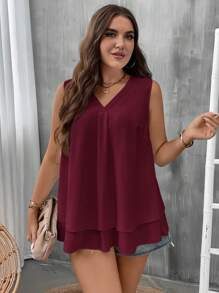 EMERY ROSE Plus Size Women's Solid Color V-Neck Casual Versatile Everyday Outing Shirt - Burgundy - View 5