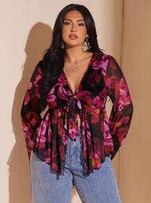 SHEIN BAE Plus Size Vintage Paisley Print Front Tie Knit Top, Flare Sleeve Sheer Mesh Printed Blouse, Summer Vacation/Long Sleeve Top/Summer Top/Formal Top For Women/Fall Wedding Guest Top Curve/Club Women Sexy/Teacher/Halloween/Airport/Western/Back To School/Birthday Top