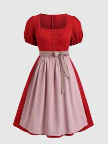 Fairmaia Plus Size Women's Traditional Summer Fiesta German Oktoberfest Dirndl Dress,Square Neck Colorblock Puff Sleeve Vintage Outfit With Apron Floral Print - Multicolor - View 1
