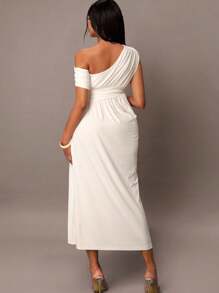 MaterniChic 春季郊游、夏季泳装、度假、复活节、波西米亚风、海滩、热门户外婚礼季、宴会、成人礼、海滩、海滨女士高端婚礼纯色不对称领口连衣裙、孕妇装 - 白色 - 查看 2