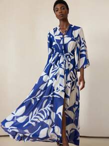 SHEIN Privé Elegant Romantic Vacation Blue & White Porcelain Floral Chiffon Tie Neck Waist Belt Women's 3/4 Sleeve Dress - Blue and White - View 5