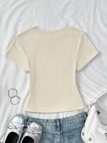 少女针织圆领蝴蝶结撞色刺绣侧腰褶皱设计短袖T恤，夏季