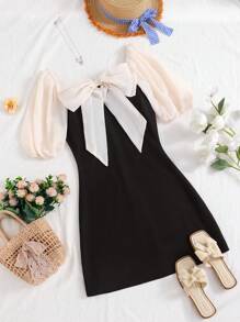 Teen Girls Contrast Color Chiffon Fitted Dress, Square Neck Collar, Bowknot Decor Mini Dress, Back To School Campus Outfit, All Season - Black - View 7