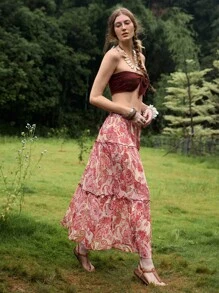 Florisole Damen-Plissee-A-Linien-Rock mit Cashew-Blumen-Muster und elastischer Taille - Verschiedenfarbig - Übersicht 2