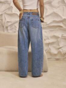 Aralina 冬季/夏季束带筒形牛仔裤 - 中等水洗藍 - 查看 3