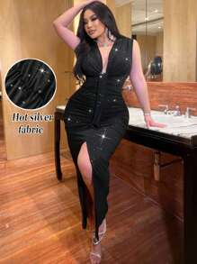 NU&NOW 大码女式优雅闪亮亮片 V 领褶饰高端设计连衣裙，浪漫婚礼宾客、约会之夜、派对时尚 - 黑色 - 查看 8