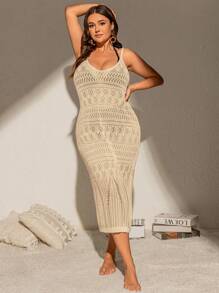 Swim Vcay Plus Size Solid Color Hollow Out Knitted Cover Up Dress For Summer Beach Vacation