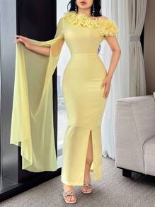 Feyla Women's Elegant Exaggerated Ruffle Asymmetrical Shoulder Split Dress - Yellow - View 6