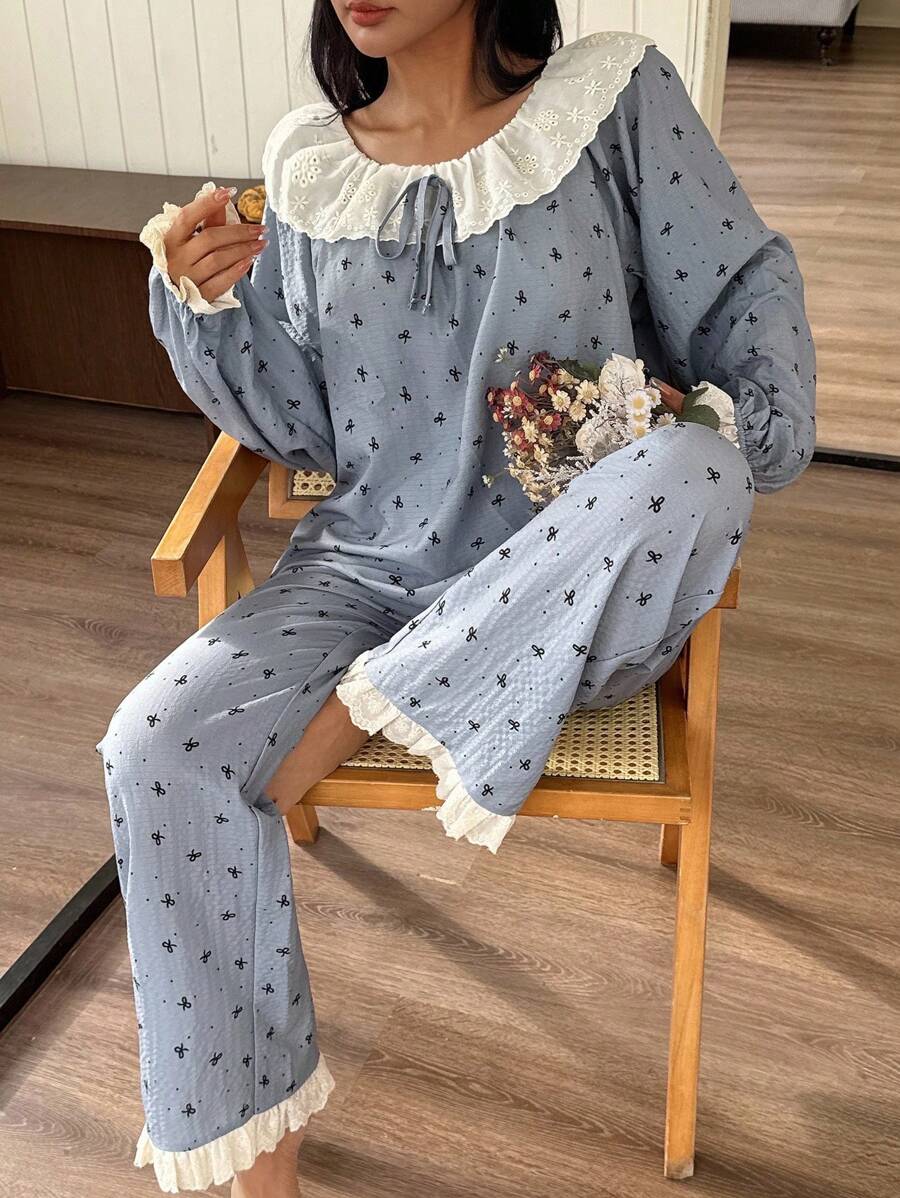 SHEIN 泡泡图案拼布刺绣装饰衬衫和长裤睡衣套装 - 藍色 - 查看 1
