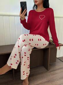 SHEIN 2件套女士爱心印花长袖上衣配长裤睡衣红色睡衣套装，秋冬服装 - 彩色 - 查看 5
