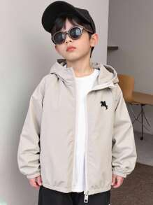 SHEIN Genkimix Kids 1 件年轻男孩休闲简约街头风格连帽长袖夹克，时尚休闲设计，适合夏季穿着，适合 4-7 岁男孩日常穿着，适合运动、户外、返校季节 - 杏色 - 查看 3