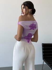 Firerie Valentine's Day New Design Gradient Tie Dye Print Asymmetrical Hem Open Shoulder Asymmetric Short Sleeve Cropped T-Shirt, Spring/Summer,Off The Shoulder Top - Violet Purple - View 2