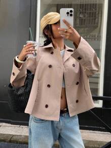 Muchica Women's Casual Solid Color Double Breasted A-Line Wind Jacket, Spring/Autumn - Khaki - View 3