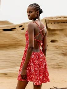 Lumivelle Women's Casual Vacation Floral Print Halter Tie Waist Bodycon Fish Tail Mini Dress, Summer - Red - View 2