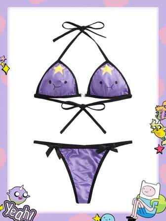 Adventure Time X ROMWE Cartoon Graphic Ringer Tie Side Bra And Panty Lingerie Set