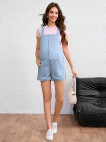 SHEIN Maternity Casual Denim Romper For Summer - Light Wash - View 4