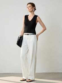 Uhlyne 女士简约 V 领插肩袖罗纹针织上衣，休闲优雅衬衫，适合外出约会，夏季/秋季 - 黑色 - 查看 5