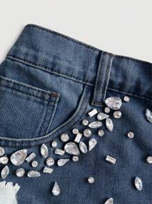SHEIN Frenchy Shorts vaqueros desgarrados informales con decoración de strass para tallas grandes - Azul lavado medio - Ver 4