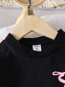 SHEIN Elladie kids 女童可爱粉色蝴蝶结印花圆领短袖T恤搭配黑色长裤时尚套装，春夏款 - 黑色 - 查看 4