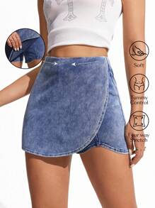 SHEIN Essnce Women's Summer Casual Washed Denim Wrap Shorts - Blue - View 1