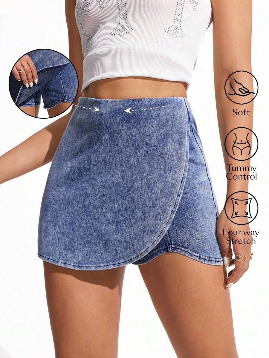 SHEIN Essnce Women's Summer Casual Washed Denim Wrap Shorts - Blue - View 1