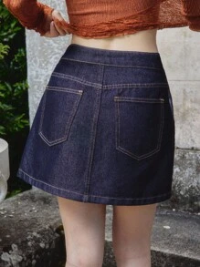 lacRébo Dark Cotton Denim A-Line Mini Skirt With Front Button Closure Chic Skirt Office Outfits Autumn Outfits - Dark Wash - View 2