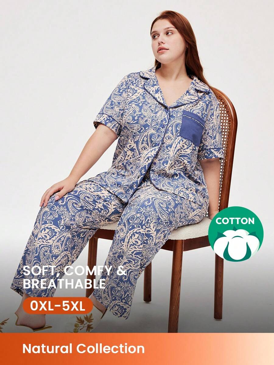 LUVLETTE 女士透气棉质图案短袖纽扣上衣和裤子透气家居睡衣套装裤子带口袋内衣 - 藍色 - 查看 1