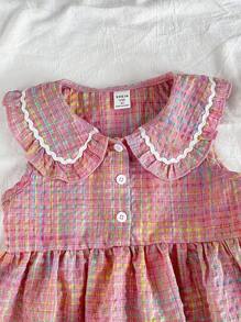 SHEIN Vintaside Kids Young Girl Summer Casual Peter Pan Collar Blouse And Pants Set