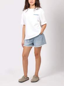 SUMWON 钩针装饰中长款牛仔短裤青少年女孩夏季休闲沙滩节宽松破洞裤 - 淺藍色 - 查看 8