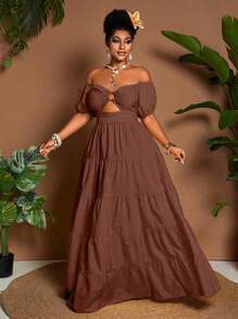 Maweii Vestido maxi casual de talla grande de unicolor con hombros descubiertos - Marrón - Ver 5