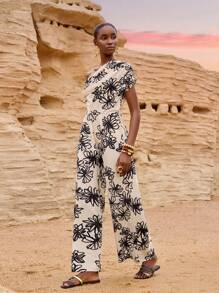 Zivah 2025 春夏新品音乐节、复活节、圣帕特里克节、西部风、游牧风格、生日派对、毕业典礼、学院风、学生装、日常、休闲、度假、邮轮旅行、海滩、日光浴、设计、街头风格、优雅不对称纹理面料、简约花卉印花、单肩褶饰棉麻连体裤 - 卡其色 - 查看 5