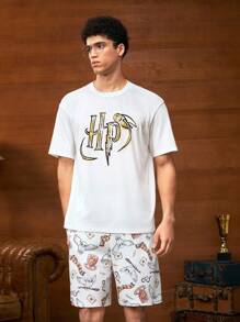 HARRY POTTER X SHEIN 男士夏季字母和卡通猫头鹰印花短袖上衣和短裤睡衣套装 - 白色 - 查看 1
