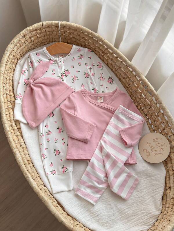 SHEIN Newborn 2pcs Outfit - Solid Long Sleeve Top And Striped Long Pants