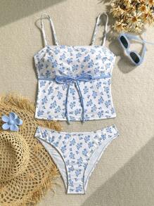 Swim Mod Women's New Fashion Ditsy Floral Cute Sexy Fitted Spaghetti Strap Tank Top With Bow Knot Strap & Triangle Bikini Swimsuit, Summer Beach Swimwear Set