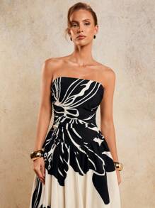 COSMINA 女士优雅褶饰印花连衣裙，适合宴会，春夏秋 - 黑與白 - 查看 4