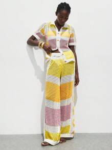 Maija Damen Sommer Urlaub Farbblock Ausschnitt Strick Weite Bein Hose Buttergelb Strand Urlaub Outfits Urlaub Outfits Frauen Boho Kleidung Frauen Häkeln Boho Frauen Bekleidung Bohemian Kleidung für Frauen