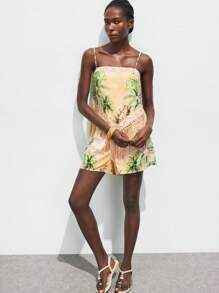 Maija 2 件套女士夏季度假风格热带印花流苏下摆吊带背心和短裤套装乡村音乐会服装奶油黄海滩度假服装女士度假服装波西米亚风女装波西米亚风女装