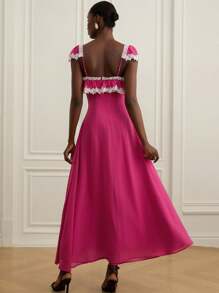 GENKIRA Women's Pink Elegant Lace Tea Party Summer Fuchsia Floral Lace Trim Bohemian Style Fitted Sleeveless Dress,Sundress,Country Music Festival Beach - Hot Pink - View 2